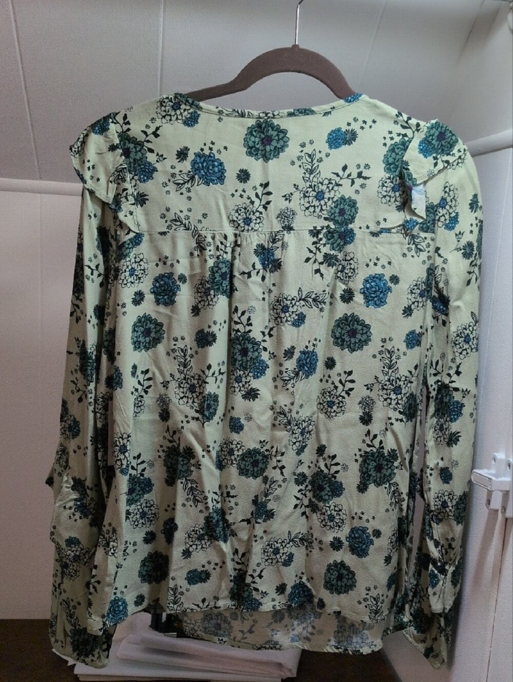 Sonoma Mint Green Floral Ruffle Tie-Neck Blouse - Picture 3 of 4
